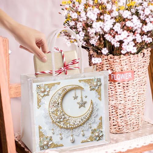 Xylzzuit DIY Pearl Painting Canvas Tote Bag Kit 11.42IN Diamond Art Handbag for Women Shopping Grocery Bag Dots Beads Art Craft Gift (Moon) - color: Moon