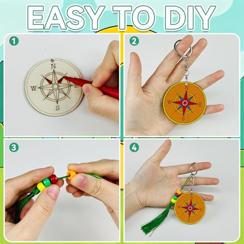 Cinrobiye 24 Set Camping Party Favors Camp Keychain Craft Kits Bulk Happy Camper Wooden Paint Keychains with Colored Pens for Outdoor Adventure Birthday Party Supplies Summer Home School Art Activity - style: Camper