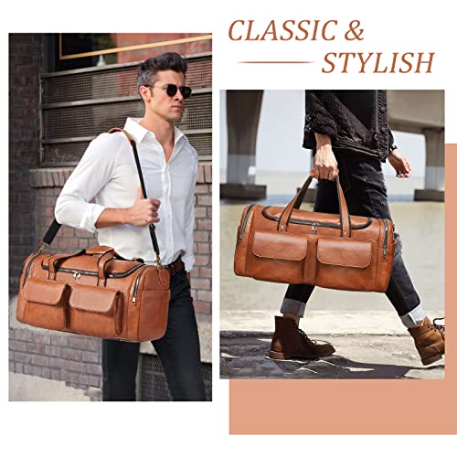 BOLOSTA Travel Duffel Bag for Men Women, Large PU Leather Carry on Duffle Bags for Traveling, Waterproof Overnight Weekender Duffel Bag with Shoe Compartment - Perfect for Daily Use/Birthday Gift - color: Brown