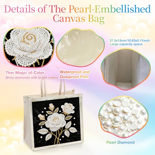 Xylzzuit DIY Pearl Painting Canvas Tote Bag Kit 11.42IN Diamond Art Handbag for Women Shopping Grocery Bag Dots Beads Art Craft Gift (Flower03) - color: Flower03
