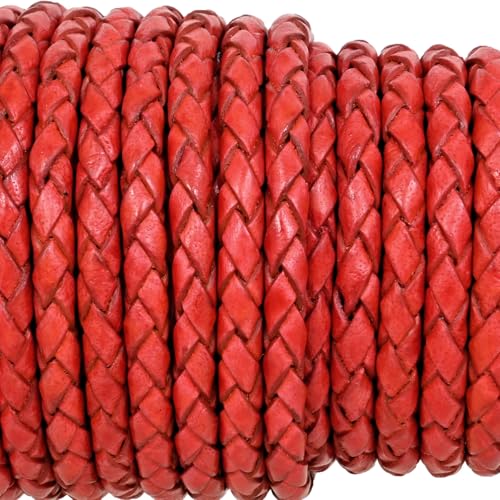 GENIQUE Real/Genuine Round Braided Leather Cord String Rope Folded, Leather Rope for Crafts, Jewelry Making, Necklace, Bracelets (Red Distressed, 3mm) - color: Red Distressed, size: 3mm