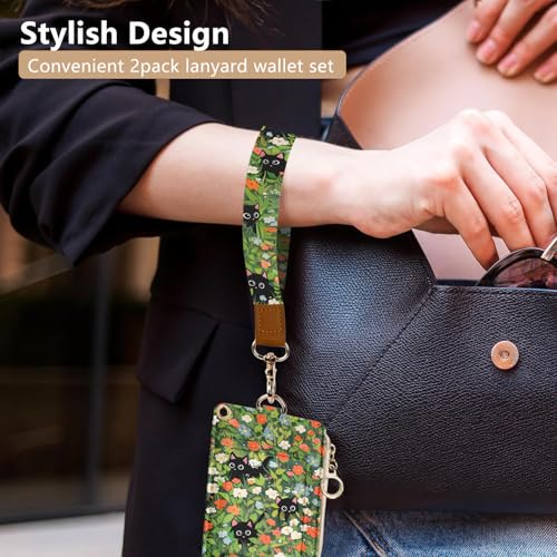bolimoss Cute 2-in-1 ID Badge Holder & Lanyard Wallet, Black Cat Floral Wallet with Removable Wristlet & Neck Lanyard, Clear Window, 5 Card Slots, 1 Side Zipper Pocket, Ring Keychain - color: Black Cat Flower