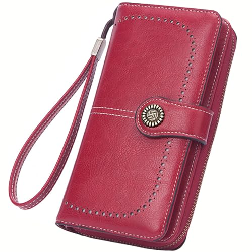 Women Leather Wallet Crossbody Shoulder Bag with Double Zipper and Mobile Phone Purse with Shoulder Strap - color: 665-red