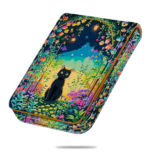 Business Card Holder, PU Leather Printing Business Card Case Pocket with Magnetic Shut, Portable Business Card Carrier Holder for Women or Men (Flower-Cat) - color: Flower-Cat