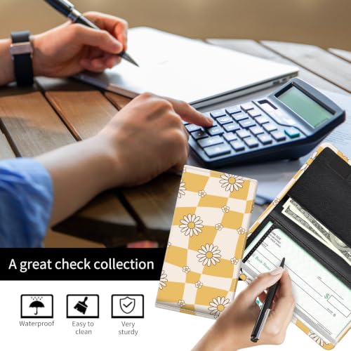 Checkbook Cover for Personal Checkbook, Cute Pu Leather Check Book for Women & Men, Slim Checkbook Holder with Pen Holder and Built-in Clear Plastic Divider, Daisy Checker - color: Daisy Checker
