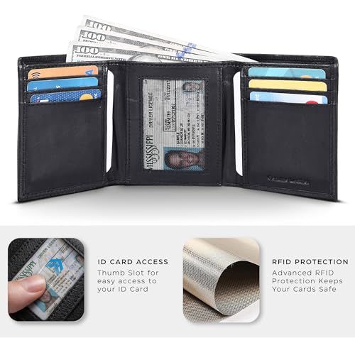 Trifold Leather Wallet for Men - RFID Slim Minimalist Front Pocket 6 Slots - color: Wash Black