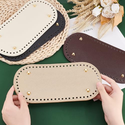 PH PandaHall 4pcs Bag Bottom Base Pads, 4 Colors Oval Crochet Bag Bottom PU Leather Bottom Shaper Pad with Hole Knitting Crochet Base Purse Bottom for DIY Crochet Handbag Making, 10x4.7inch - size: 10x4.7 inch