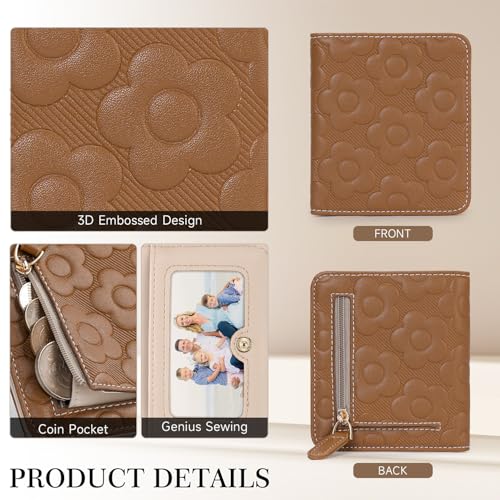 Small Wallet Women Slim RFID Leather Bifold Wallet Embossed Design | Compact design with ID window, card slots, and zipper coin pocket, ideal for daily travel, shopping, and gifts - color: 01-Brown