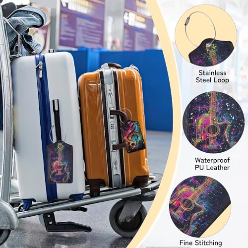 3 Pack Music Luggage Tags for Suitcases, Note Headphones Guitar Cute Leather Name Tag with Privacy Cover with Stainless Steel Loops, Travel ID Bag Tags for Women Men - color: Music