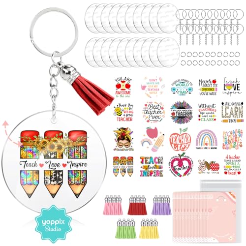 YOPPIX 140 PCS Acrylic Keychain Blank Set, Teachers Double-Sided UV DTF Stickers Acrylic Keychain Making Kits for Vinyl DIY Craft Project - color: Teachers