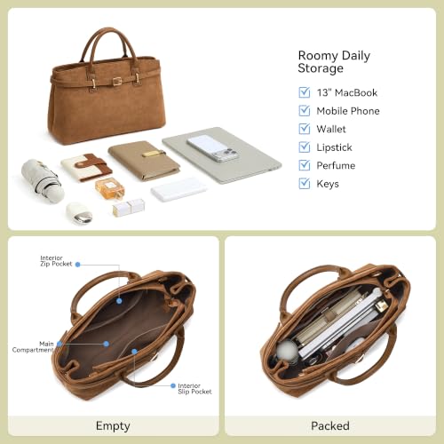 BOSTANTEN Soft Structured Satchel Bag for Women Medium Work Tote Handbag | Commute or everyday, Luxury Pebble Leather or Faux Suede, Professional Style, Removable Strap, Expandable, Giftable Choice - color: Brown