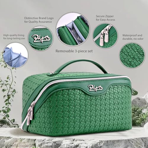 BOYATU Travel Makeup Bag Cosmetic Bags for Women: 3 Pcs Set Make up Bag | Large Capacity Waterproof Vegan Leather Organizer Bags with Compartments - Lay flat Toiletry with Handle (L38 Green) - color: L38 Green