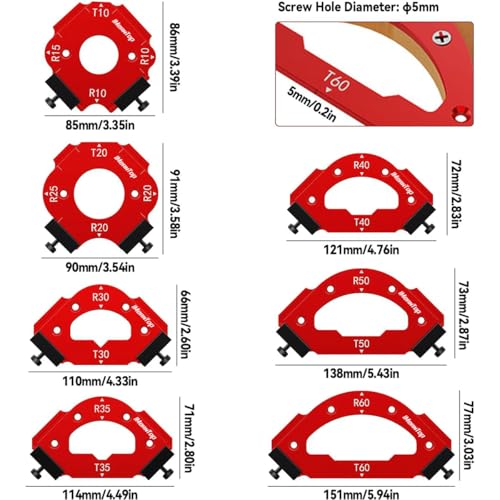 Router Corner Radius Template Router Radius Jig Router Corner Jig Aluminum Alloy Corner Routing Guide Set R10 R15 R20 R25 R30 R35 R40 R50 R60 T10 T20 T30 T35 T40 T50 T60 Use with Router Table - color: 7PCS