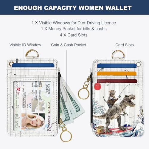 Slim Wallet Credit Card Holder, Cat Fishing, RFID Wallet Women Cute Small Front Pocket Wallet With Zipper, PU Leather Thin travel RFID Blocking Card Case ID Window,Ladies Gifts - color: Cat Fishing