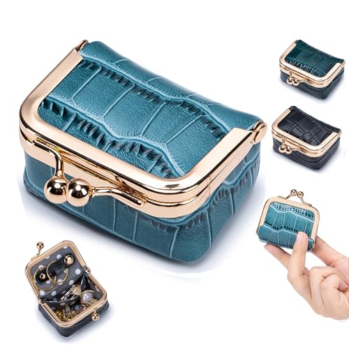Genuine Leather Mini Jewelry Box & Coin Purse for Women, Travel Jewelry Case with Kiss Lock, Holds Earrings, Rings, Necklace, Bracelet, Coins (Ice Blue Crocdile Pattern) - color: Ice Blue - 2.5in - Crocodile Pattern