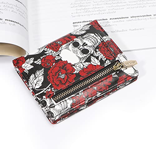 Women Wallets Small Bifold Leather Pocket Wallet Ladies Mini Short Purse - color: Rose Skull