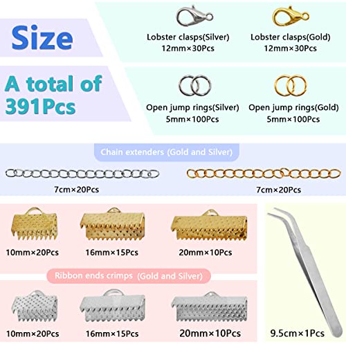 373Pcs Ribbon Bracelet Kit for Jewelry Making Ribbon End Crimps Lobster Clasps Awith Jump Rings and Chain Extenders for DIY Making Bookmark Pinch Bracelet Choker Necklace (Gold and Silver)