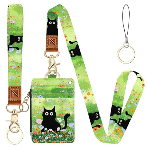 Cat Hidden Among the Flowers 2-in-1 ID Badge Holder & Lanyard Wallet for Teachers,Nurse,Professionals-Cute Zippered Coin Pouch,Removable Wristlet & Neck Lanyard,5 Card Slots Stylish Work 3 - color: Cat Hidden Among the Flowers 3