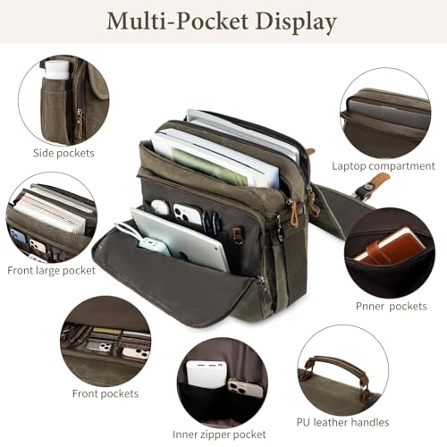 Vintage Men Laptop Bag, 15.6 Inch Messenger Bag Leather Waxed Canvas | Briefcase Large Computer Laptop Bag Briefcase Satchel Handbags Crossbody Bags Water Resistant Work Business Travel - color: Green