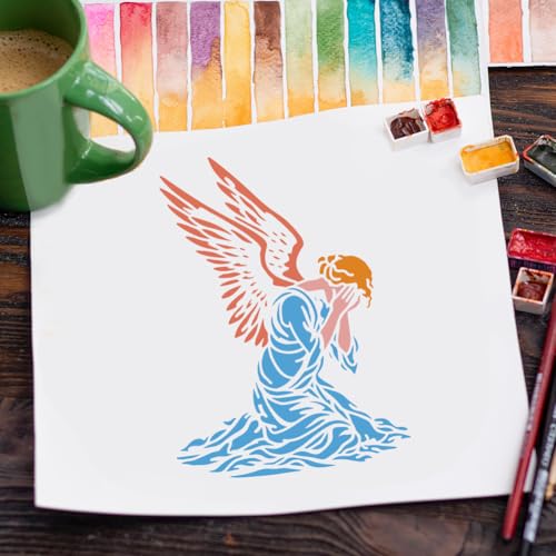 FINGERINSPIRE Weeping Angels Painting Stencil with Paintbrush 11.7x8.3 inch Praying Angel Silhouette Stencil Reusable DIY Craft Stencils for Painting on Wood, Wall, Canvas, Fabric and Furniture - color: Weeping Angels