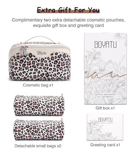 BOYATU Travel Makeup Bags Cosmetic Organizer Bag: 3 Pcs Set Large Capacity Make up Bag with Compartments - Waterproof Leather Toiletry Bags with Handle for Women (B-White) - color: B-White