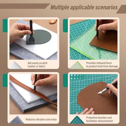 4 Pcs Leather Punch Pads+14 Sizes Leather Corner Punch, Cutting Mat, Sound Absorbing Pad and A4 Self Healing Cutting Mat, Half-Round Punch Set with Double Sided Nylon Hammer for Belts, Purses and Etc