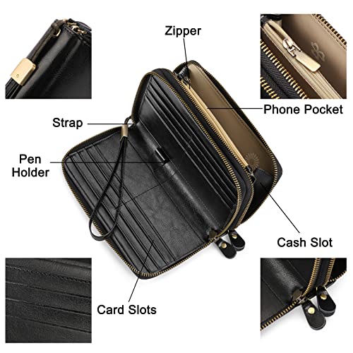SENDEFN Leather Women Wallet RFID Blocking Zipper Around Phone Holder Clutch Wristlet Large Capacity - color: Elegant Black