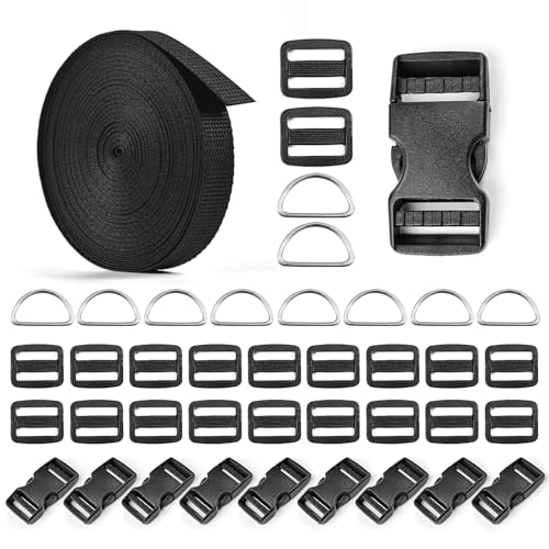 3/4" Buckles and Straps Set: 10 Yards of Thick Nylon Webbing, 10-Pack Quick Side Release Adjustable Plastic Buckles, 20 Tri-Glide Slide Clips 10 Metal D Rings (3/4 Inch Combo Set) - size: 3/4" 10 Pcs Buckle Set