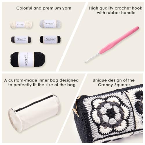 Noocro Crochet Kit for Cylindrical Bucket Bag, Purse, Complete DIY Kit with Detailed Instructions, Video Tutorials, for Beginners with Basic Crochet Knowledge or Intermediate and Advanced Crocheters - color: Ink Ivory