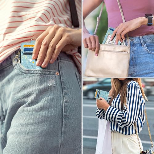 Slim Wallet Credit Card Holder, Blue Floral Print, RFID Wallet Women Cute Small Front Pocket Wallet With Zipper, PU Leather Thin travel RFID Blocking Card Case ID Window,Ladies Gifts - color: Blue Floral Print