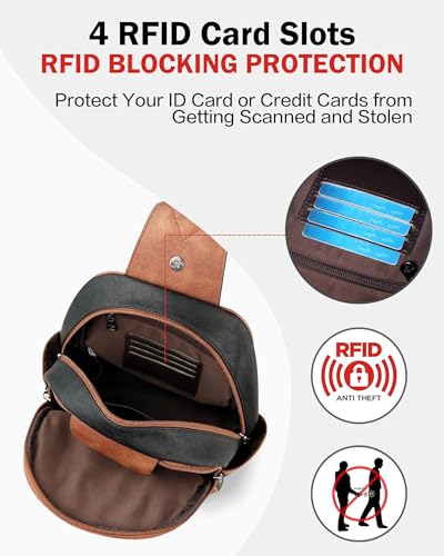 Large Sling Bag for Women, Designer 10L Leather Crossbody Purse | Anti Theft Sling Backpack, RFID Fanny Packs for Travel, Ideal for Vacation Walking Daily Errands - color: Retro Black With Brown