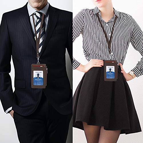 ID Badge Holder with Neck Lanyard PU Leather ID Badge Wallet Case with 1 ID Window, 4 Card Slots, 1 Side Zipper Pocket (Coffee) - color: Coffee