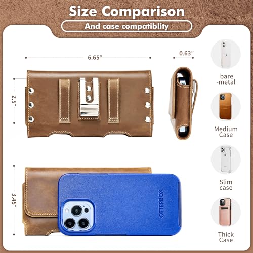 Gcepls Leather Phone Holster for iPhone 16 Pro Max,15 Pro Max,iPhone 14 Pro Max,13 Pro Max,Premium Genuine Leather Cell Phone Holster with Belt Clip,Phone Belt Holder Pouch Cover (Fits Thin Case on) - color: Brown, size: Large(6.65x 3.45 x0.63”)