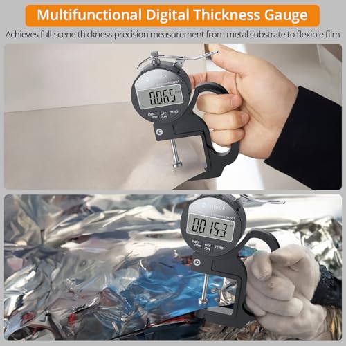 Neoteck Digital Thickness Gauge 1inch/25.4mm,0.00005inch/0.001mm Accuracy | Thickness Meter with LCD Display, Inch/MM Conversion ,One-Hand Quick Press for Leather Paper Fabric Film -Black - color: Silver-black, size: 0-1"/0.00005"