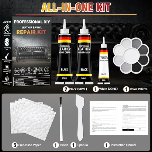 Black Leather Repair Kit, Vinyl Repair Kit Repairs Scratches, Cracks, Holes on Car Interiors, Furniture, Jacket, Sofa, Car Seat, Couch, Purse, Faux, Genuine Leather with Super Easy Instructions