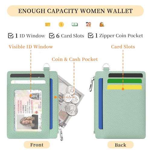 Hancynir Minimalist Small Wallet Women Credit Card Holder, RFID Slim | Zipper Pocket Wallet, Thin Travel Coin Purse, Ladies Women Gifts, Cute Card Case, 6 Card Slots, ID Window, PU Leather - color: 1- Lichee GR
