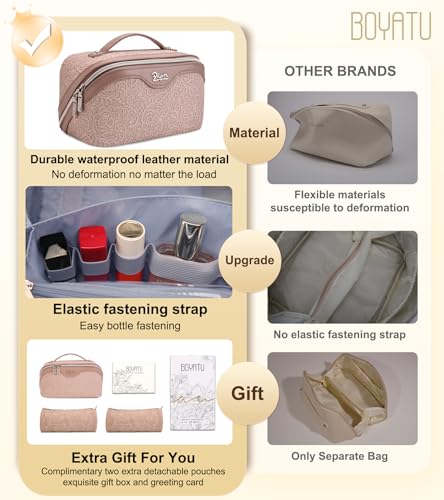 BOYATU Travel Makeup Bags Cosmetic Organizer Bag: 3-Set Large Capacity Make up Bag - PU Leather Toiletry Bags for Women - Wide Open Portable Pouch with Divider & Handle (A-Light Pink) - color: A-Light Pink