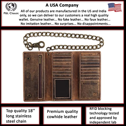 F&L CLASSIC Chain Wallets for Men buffalo premium leather RFID blocking long style Tri-fold for Trucker, bikers, vintage look,buff hunter White stitching,212 - color: buffalo vintage leather W/ White stitching