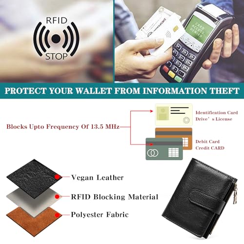 GOIACII Small Wallet Women RFID Blocking Trifold Clutch Ladies Credit Card Holder Zipper Pocket Wallets for Women Black - color: Black
