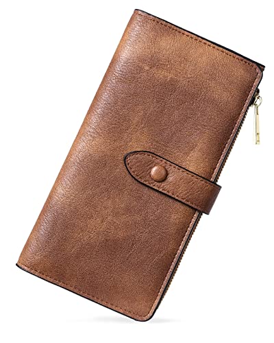 BOSTANTEN Womens Leather Wallet RFID Large Capacity Credit Card Holder | 4 ID Windows, 16 Card Slots, Zipper Coin Pocket, Clutch Wallet, Long Bifold, Ladies Gifts, Grey Brown - color: B-Vegan Brown