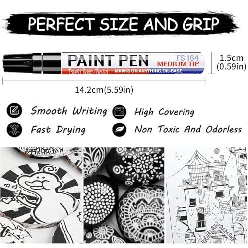 Black Paint Pens 4 Pcs Oil Based Medium Tip Permanent Marker Pen | Waterproof, Quick-drying, Fade Resistant, 3mm Paint Markers for Rock Painting, Plastic, Metal, Car Tyre, Glass, Wood, Canvas - color: Black