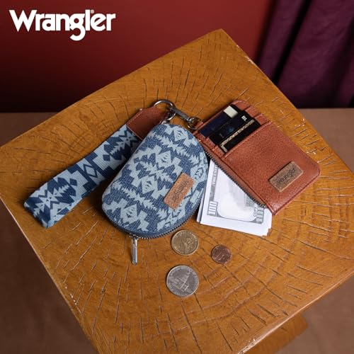 Wrangler Aztec Keychain Wristlet Wallets for Women Western Dual Pouch Wristlet Credit Card Holder Wallet with Zipper Pocket WG2212-W0051JN - color: Retro Jean