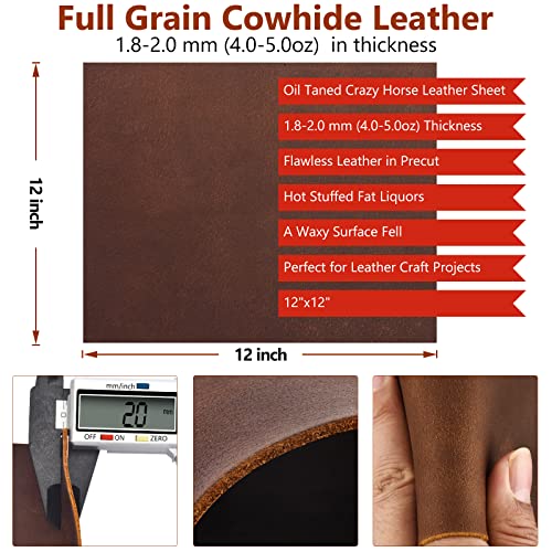 Genuine Leather Tooling Square 1.8-2.0MM Thick Genuine Top Full Grain Oil Tan Crazy Horse Cowhide Leather Sheets for Crafts Tooling Sewing Wallet Earring Hobby (Dark Brown, 12"x12") - color: Dark Brown, size: 12"x12"