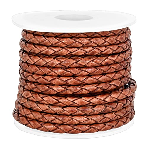GENIQUE Real/Genuine Round Braided Leather Cord String Rope Folded, Leather Rope for Crafts, Jewelry Making, Necklace, Bracelets (5 Metres) (3mm, Light Brown Distressed) - color: Light Brown Distressed, size: 3mm