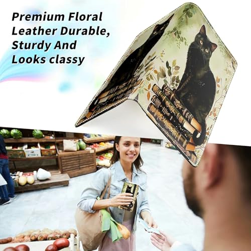 Check Book Cover for Personal Checkbook, Leather Business Checkbooks Plastic Insert Flap Card Holder Pen Hoop Holder with RFID Blocking Slim Wallet for Duplicate Checks Women Men, Book Cat - color: Book Cat
