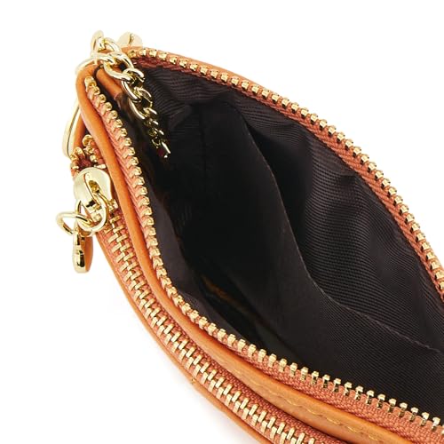 Women PU Leather Zip Mini Coin Purse With Key Ring Triple Zipper Card Holder Wallet (Orange) - color: Orange