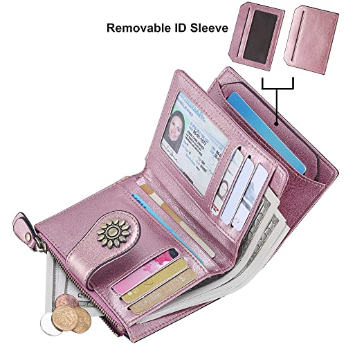 Womens Leather Wallet Small Compact RFID Blocking Credit Card Case Purse with Zipper Pocket | Small - color: Rose Gold