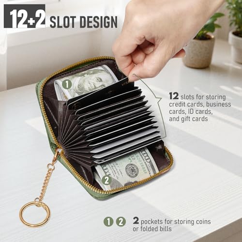 credit card holder for women，Embossed leather Rfid wallet women， KeyChain Wallet - color: Green