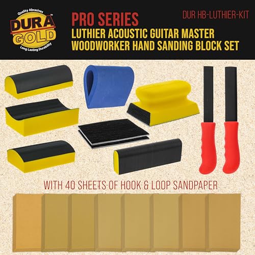 Dura-Gold Luthier Acoustic Guitar Master Woodworker Hand Sanding Block Set with 40 Sheet Hook & Loop Sandpaper Kit - Music Radius Repair Tools, Convex & Concave Profile Shapes, File Sticks - Sand Wood - size: 10-Piece