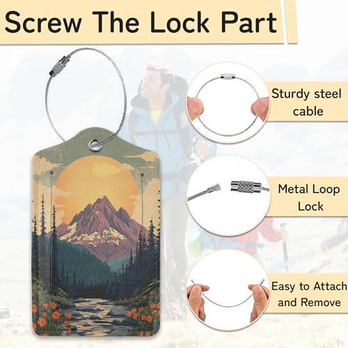 Vintage Mountain Luggage Tag for Suitcase,Forest Lake Design with Privacy Flap Name ID Label Metal Loop, 3 Pack - color: Vintage Mountain Forest Lake